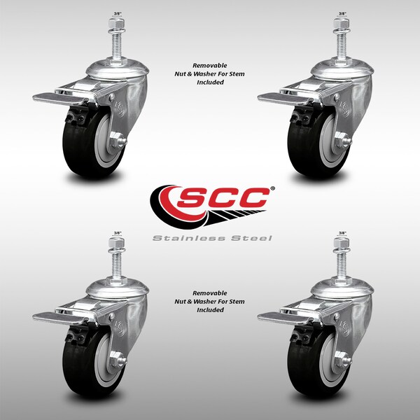 Service Caster 3.5 Inch SS Black Poly Swivel 3/8 Inch Threaded Stem Caster Set Total Lock Brake SCC-SSTSTTL20S3514-PPUB-BLK-381615-4 - main